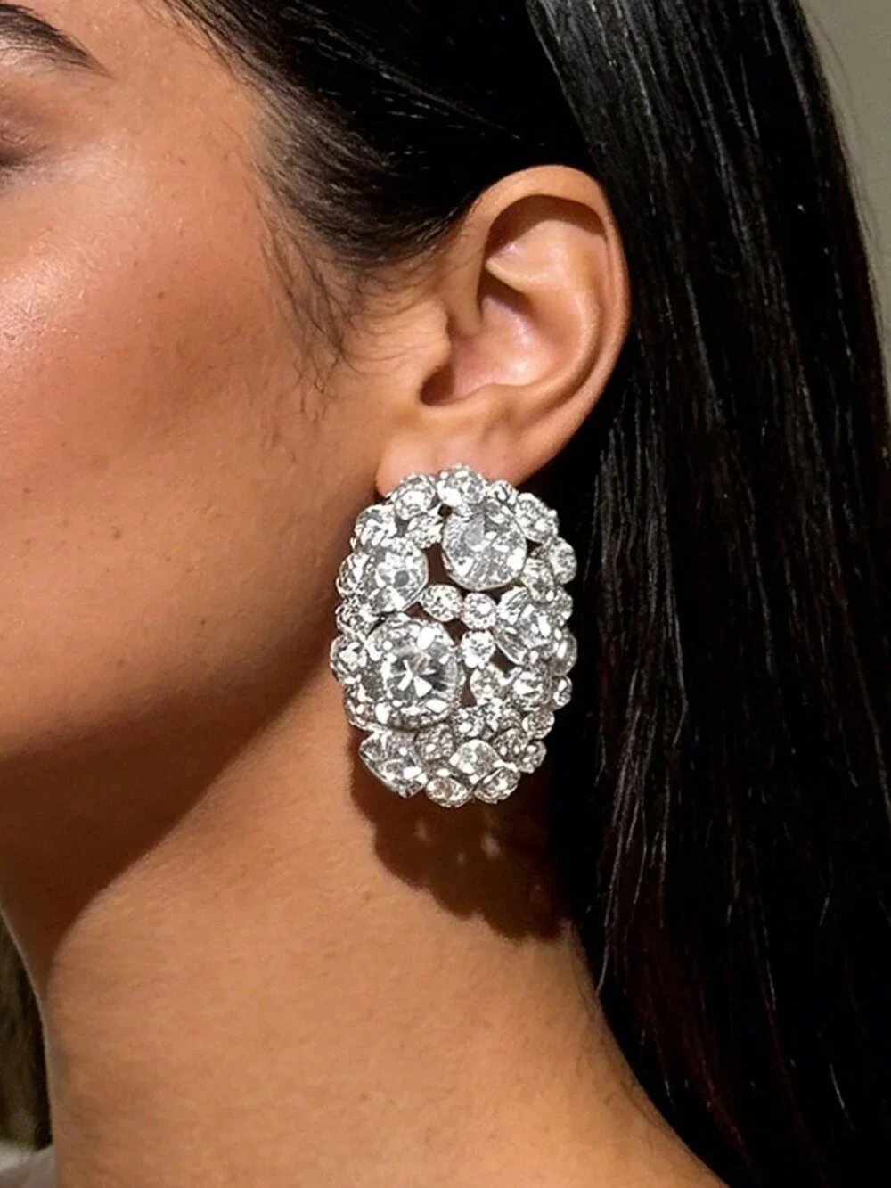 Silver Elegant Women's Oversized Clip-On Rhinestone Earrings